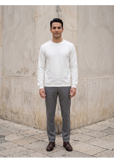 Maccali Erkek Beyaz Selanik Bisiklet Yaka Sweatshirt