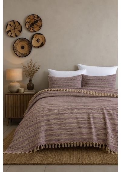 King Size Dokuma Pike Takımı 240x260 Cm 2 Yastık Kılıflı Saçak Detaylı Örtü Seti Mürdüm