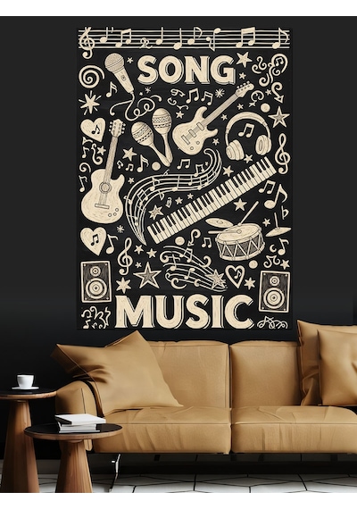 Siyah Müzik Aletleri Posteri Dekoratif Kanvas - Mdf Ahşap Tablo