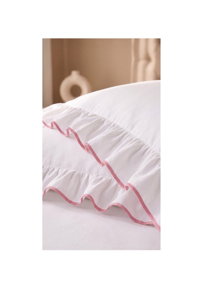 %100 Pamuk Overloklu Fırfırlı Çift Kişilik Nevresim Takımı Lastikli Çarşaflı 200x220 Cm Pembe - 904804703 Pembe