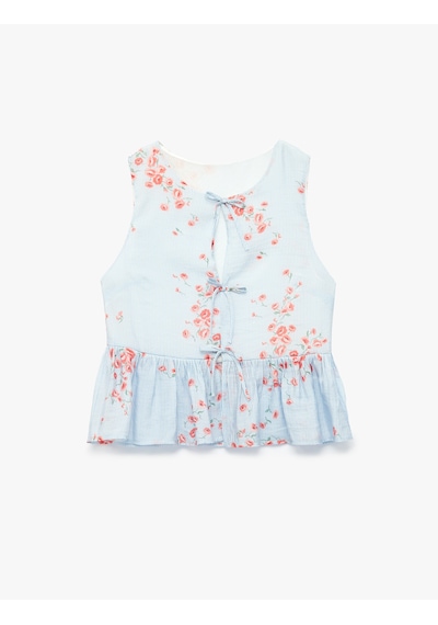 Koton Önden Bağcıklı Fiyonklu Kolsuz Peplum Kesim Çizgili Çiçek Baskılı Şifon Bluz Pembe Desenli 6sak30125ew