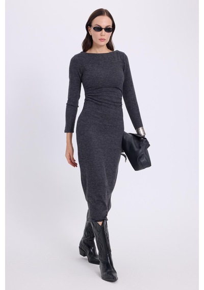 Tudors Kadın Slim Fit Dar Kesim Bisiklet Yaka Antrasit Elbise-41644 Antrasit
