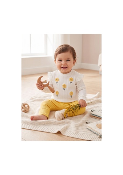 Deniva Kids Kız Bebek Sarı Çiçek Nakışlı Fırfırlı Fitilli Kaşkorse Sweatshirt Ve Tayt İkili Takım