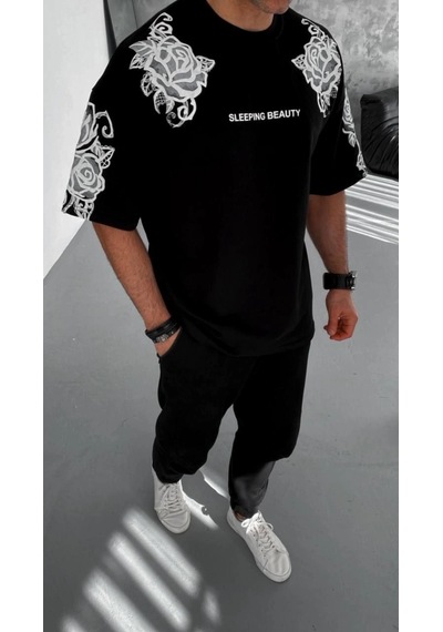 Moda Assema Erkek Baskılı Kısa Kol T-shirt - Siyah Çok Renkli