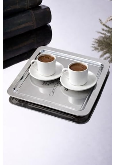 Şamdan Desenli Kare Paslanmaz Çelik Kahve Çay Sunum Ve Dekoratif Tepsi 15cm