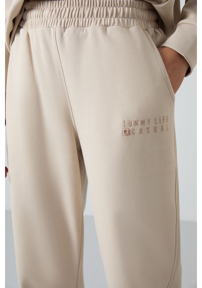 Tommy Life Bej Basic Pamuklu O Yaka Oversize Lastik Paça Kadın Eşofman Takım - 95287 Bej