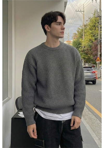 Erkek Füme Regular Fit Bisiklet Yaka Örgülü Triko Füme