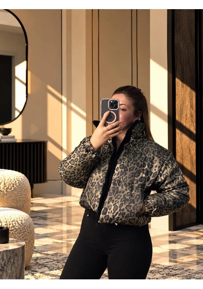 Elora Atelier Leopar Haki Peluş Yakalı Kapitone Mont