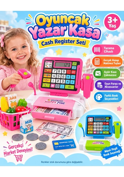 Oyuncak Barkod Okuyucu Yazar Kasa Hesap Makineli Cash Register Süpermarket Kasiyer Oyunu Alışveriş Seti Pembe