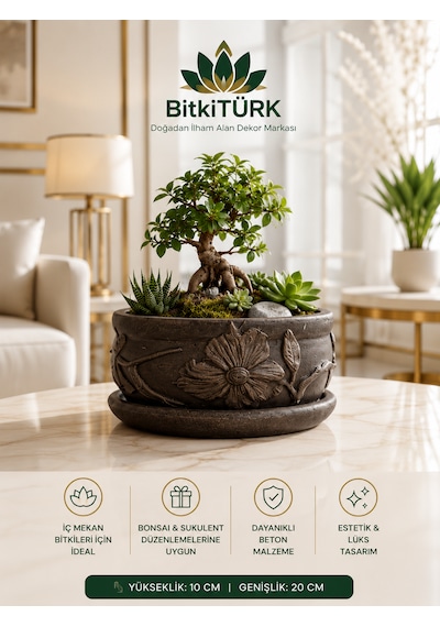 Çiçek Motifli Beton Saksı Ve Altlık Seti 20 Cm Banyo Organizeri, Dekoratif Düzenleyici, Çok Amaçlı Premium Tasarım -