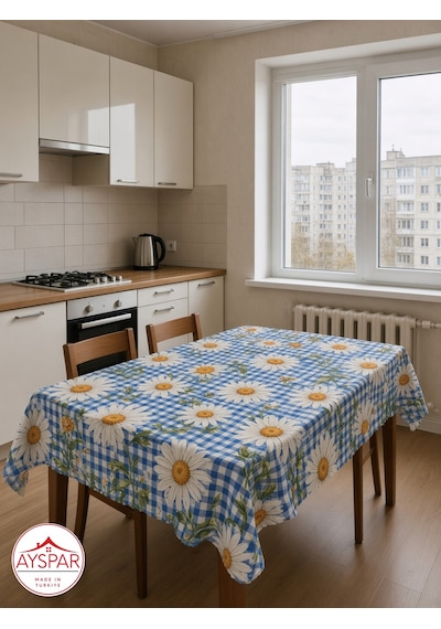 Masa Örtüsü 150x170 Cm Açık Mavi Kareli Papatya Beyaz