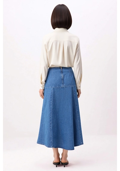 Benerly Kadın A-line Midi Denim Etek Dikiş Detaylı %100 Pamuk Dökümlü Kes Mavi