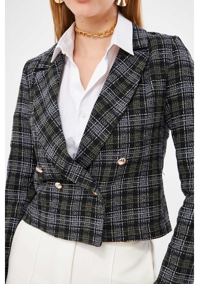 Armonika Kadın Haki Kruvaze Yaka Tüvit Crop Ceket Arm-24k001014