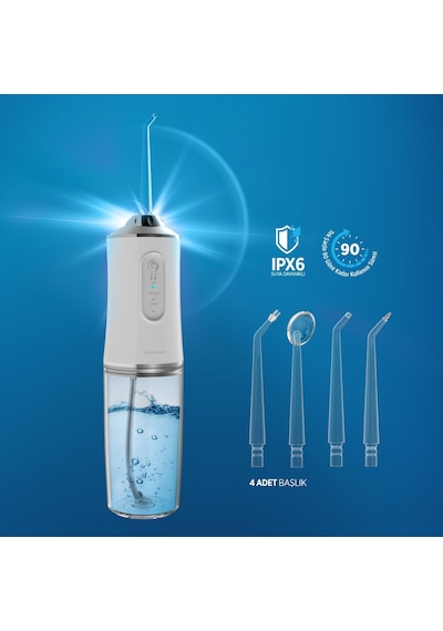 Polosmart Pbs702 Şarjlı Ağız Duşu 3 Modlu 4 Yedek Başlık Ipx6 Su Geçirmez Type-c Şarjlı Beyaz