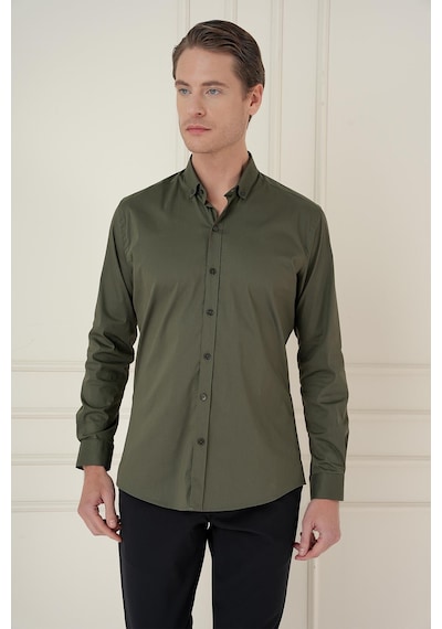 Efor Slim Fit Düğmeli Yaka Esnek Klasik Haki Gömlek Gk 746 Haki