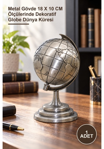 1 Adet Metal Dünya Küre Metal Gövde 18 X 10 Cm Ölçülerinde Dekoratif Globe Dünya Küresi