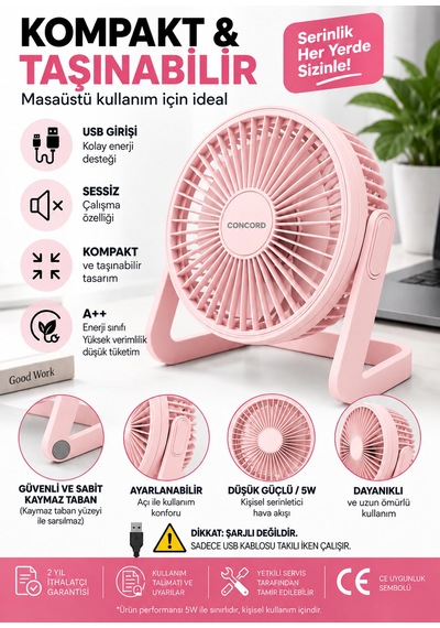 Sessiz Masa Üstü Usb Mini Vantilatör Taşınabilir Masaüstü Fan Pembe