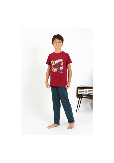 Akbeniz Erkek Çocuk Kısa Kol Penye Pijama Takım 20758 Bordo