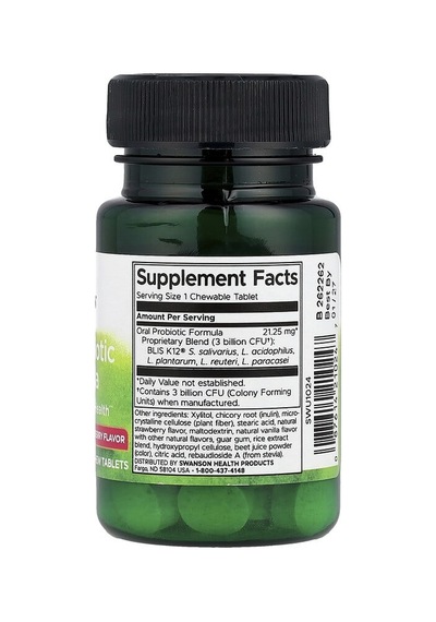 Swanson Vitamins, Oral Probiotic Formula, Natural Strawberry, 3 Billion Cfu, 30 Chewable Tablets