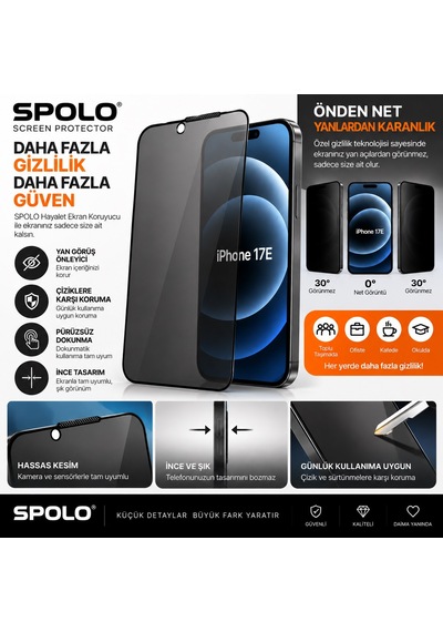 Spolo Apple iPhone Uyumlu  17e Hayalet Ekran Koruyucu Gizlilik Camı Yan Görüş Önleyici