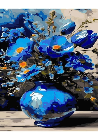 Mavi Çiçekler Sayılarla Boyama Seti - Çerçeveli, 40x50cm