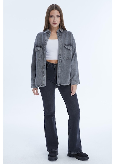 Selectmoda Kadın Çift Cepli Çıtçıt Kapamalı Oversize Kot Gömlek Antrasit