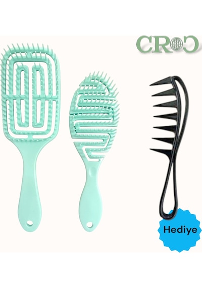 Croc Saç Fırçası Seti 2li Yeşil - Saç Açıcı Fırça, 3d Detangler Brush - Tarak Hediyeli