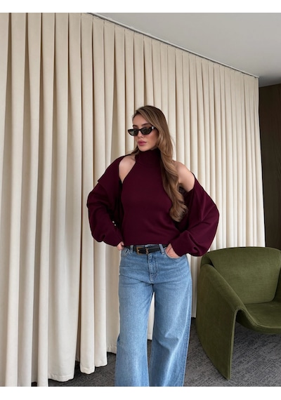 Laluvia Bordo Triko Bolero Takım - 601117 Bordo