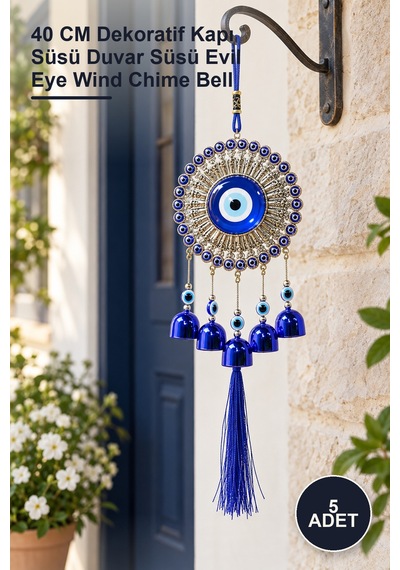 5 Adet Metal Nazar Boncuğu Çan 40 Cm Dekoratif Kapı Süsü Duvar Süsü Evil Eye Wind Chime Bell
