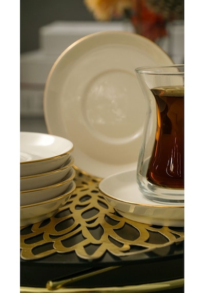 Heda Porselen Rüya Altın Yaldız Porselen Çay Tabağı Kırık Beyaz 12 CM 6'lı Kırık Beyaz