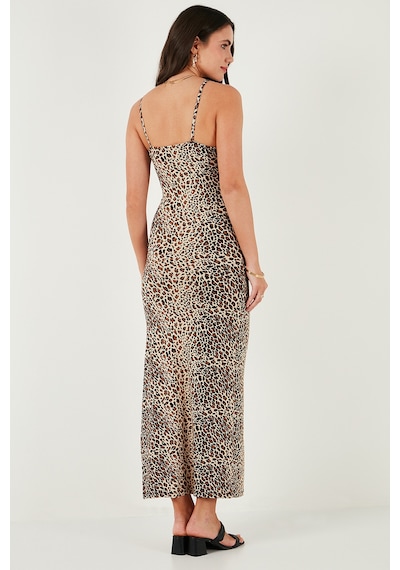 Lela Slim Fit Yırtmaç Detaylı Midi Boy Bayan Elbise 5866224 Leopar