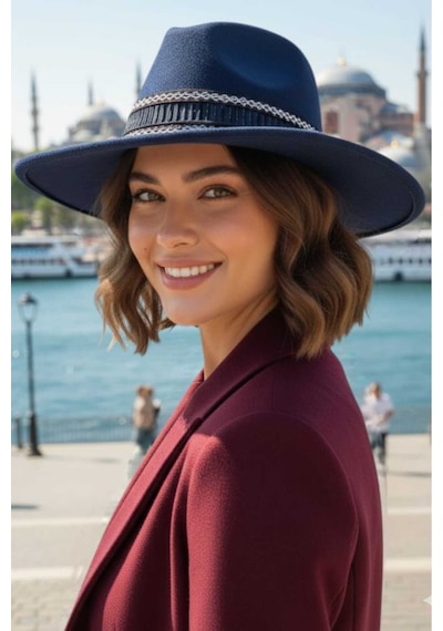 Uniquetrenders Kadın Geniş Kenarlı Bohem Tarz Şeritli Fedora Kaşe Şapka Lacivert