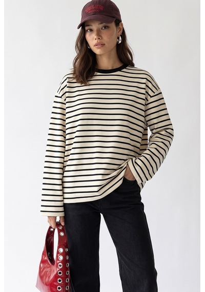 Mixray 2236 Çizgili Bisiklet Yaka Uzun Kol Oversize Sweatshirt Siyah