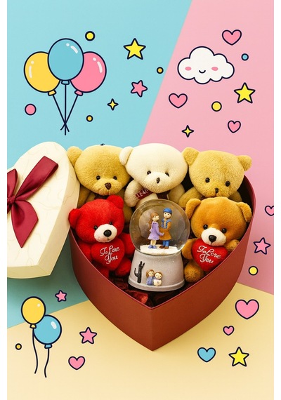 Kalpli Kutu İçinde 5 Li Peluş Ayıcık Ve Kar Küresi Hediye Seti Sevgiliye Arkadaşa Hediye