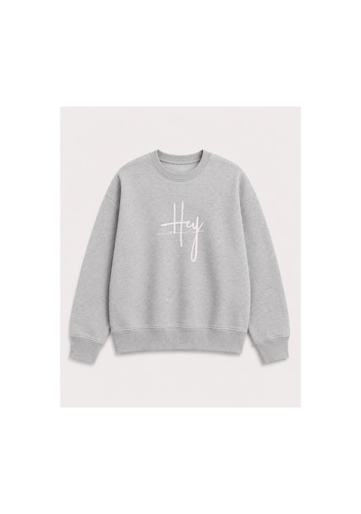 Herkesemoda Hey Yazı Baskı Detaylı Şardonlu 2 İplik Bisiklet Yaka Sweatshirt Gri