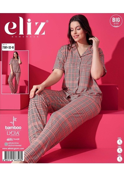 Eliz 7301-32-b Bambu Battal Düğmeli Kadın Pijama Takımı Çok Renkli
