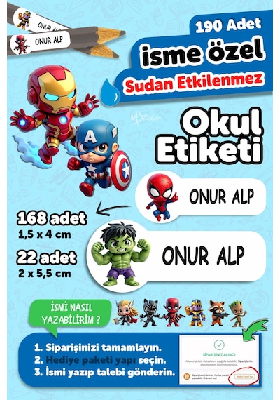 Okul Etiketi Kalem Defter İsimli Etiket Isim Yazılabilen Marvel - 190 Adet Özel Tasarım Çok Renkli