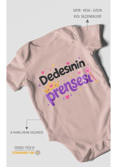 Morivokids Dedesinin Prensesi Kısa Kollu Bebek Body %100 Pamuk Pastel Pembe