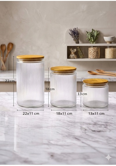3'lü Etiketli Cam Kavanoz Seti Bambu Vakum Kapak Çizgili Erzak Un Bakliyat Saklama Kabı 1-1,5-2 Lt Şeffaf