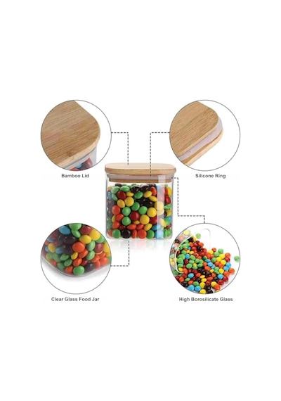 Bambu Kapaklı 380ml Cam Baharat Kavanozları, Hava Geçirmez Kare Borosilikat Baharat Kapları, Baharat Tuz Şeker Maka Diğer
