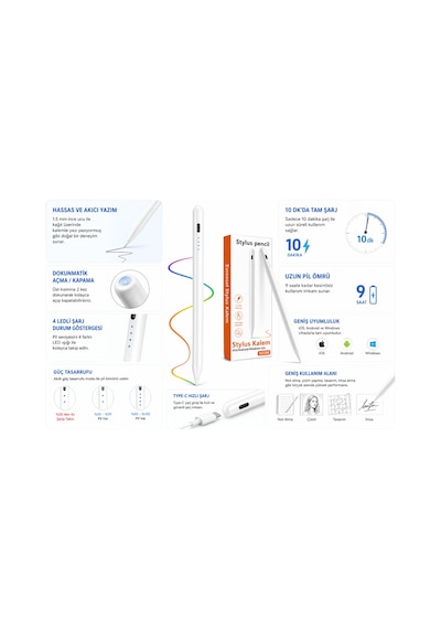 Lenovo Tab K11/m11/m10/m9/m8/m7/p11/p12 Yoga/idea Plus İle Uyumlu Stylus Dokunmatik Tablet Kalemi Beyaz