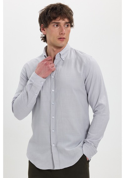 Tudors Erkek Slim Fit Dar Kesim %100 Pamuk Düğmeli Yaka Flam Keten Gri Gömlek-50272