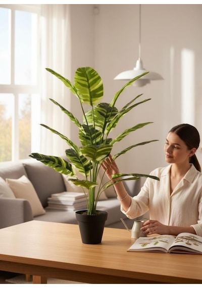 Yapay Çiçek Çizgili Muz Yapraklı Alaca Starliçe Salon Çiçeği 18dal 80 50cm Yapay Bitki Yeşil