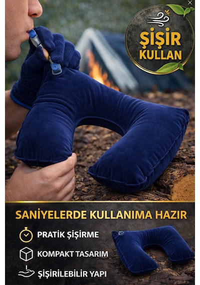 Lacivert Şişme Seyahat Boyun Yastığı Uçak Araç Kamp İçin Ergonomik Taşınabilir Travel Yastık