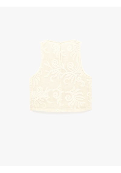 Koton Pamuklu Floral Dokulu Brodeli Kolsuz Bisiklet Yaka Bluz Bej 6sak30120ew Ekru