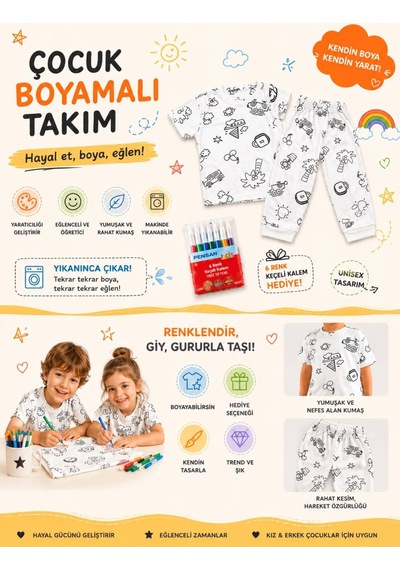 Pijamask Çocuk Desenli Boyamalı Pijama Takımı Beyaz