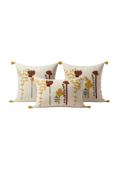 Bohem Kır Bahçesi Punch Nakışlı 3'lü Kırlent Kılıfı Seti 2 Adet 42x42 Cm + 1 Adet 35x55 Cm Bej