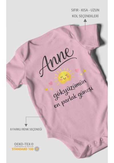Morivokids Anne, Gökyüzümün En Parlak Güneşi Kısa Kollu Bebek Body Koyu Pembe