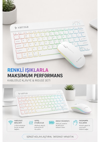 Tablet Ve Bilgisayar İçin Rgb Led Işıklı Taşınabilir Kablosuz Bluetooth Klavye Ve Dongle'lı Mouse Seti Beyaz