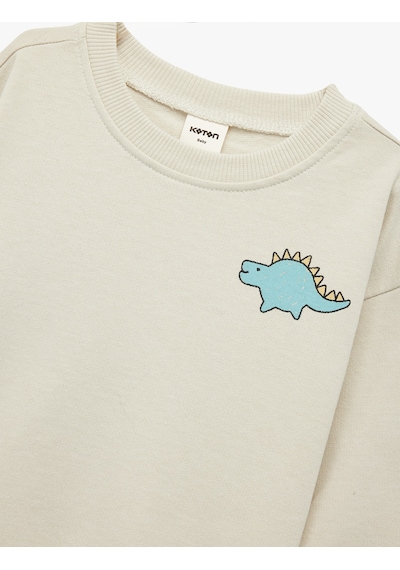 Koton Uzun Kollu Bisiklet Yaka Dinozor Baskılı Pamuklu Sweatshirt Ekru 6wmb10238tk Ekru